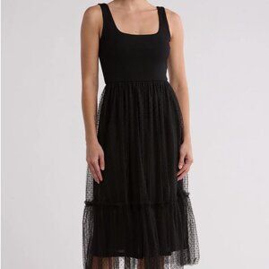 Lush Black Midi Tank Dress with Sheer Dot Skirt